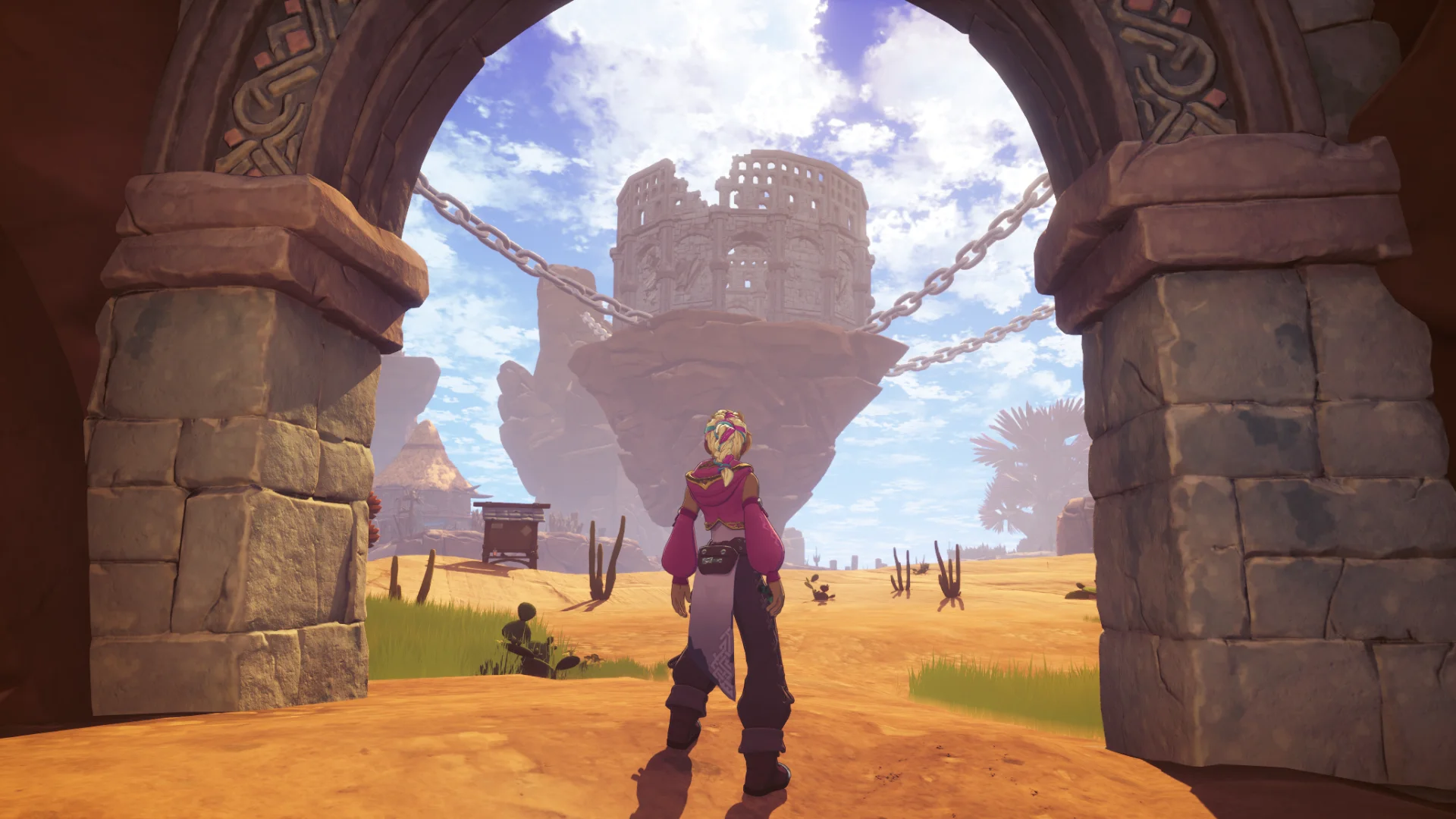 Cloudheim screenshot of a character standing under a stone arch looking at a floating, chained rocky island in the near distance.