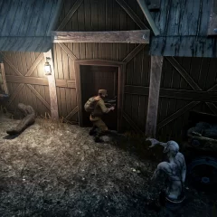 Deserter screenshot of a man trying to break into a dilapidated building a zombie and person in a gas mask close in.