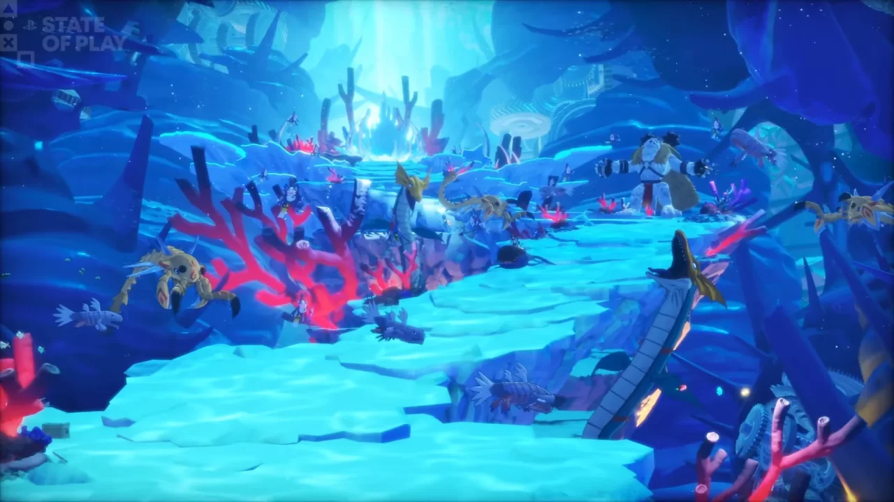 Digimon in an underwater location filled with coral.