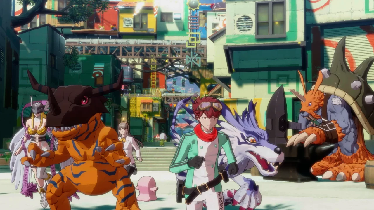 Several people and Digimon gather in a colorful industrial city neighborhood.