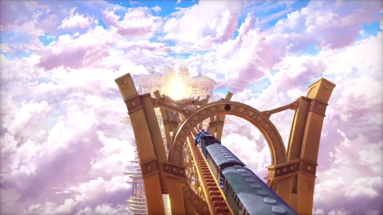 A train running high into a cloudy sky toward a city seemingly made of giant gears.