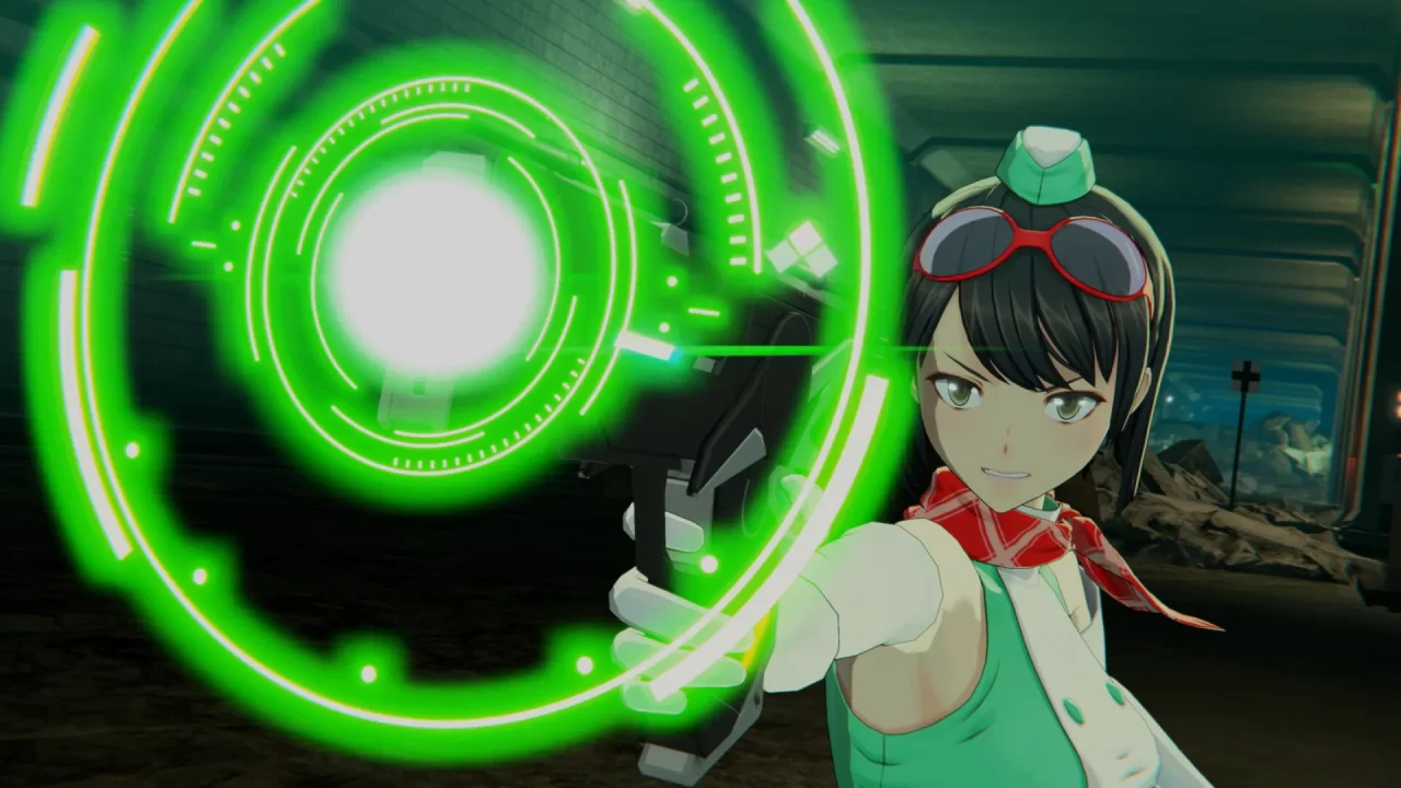 A girl with goggles aims a gun with laser-like energy gathering around it.