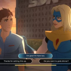 Dispatch screenshot of a plain-clothed man talking to a masked superhero in a cape and armored breastplate with dialogue options.