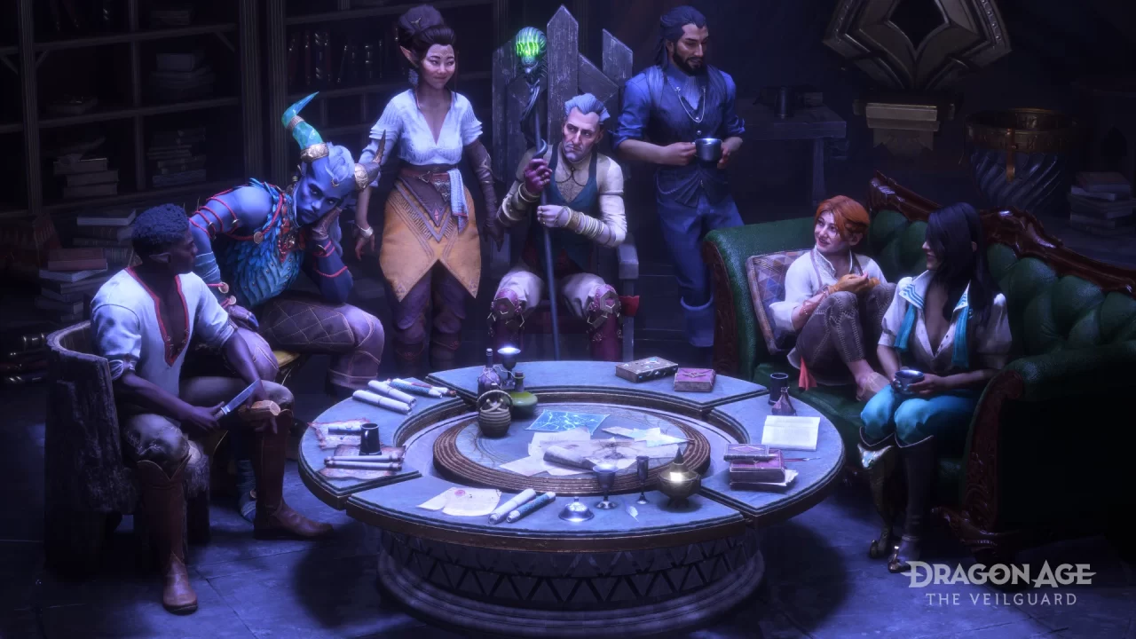 The main party gathers together for a team meeting in Dragon Age: The Veilguard.