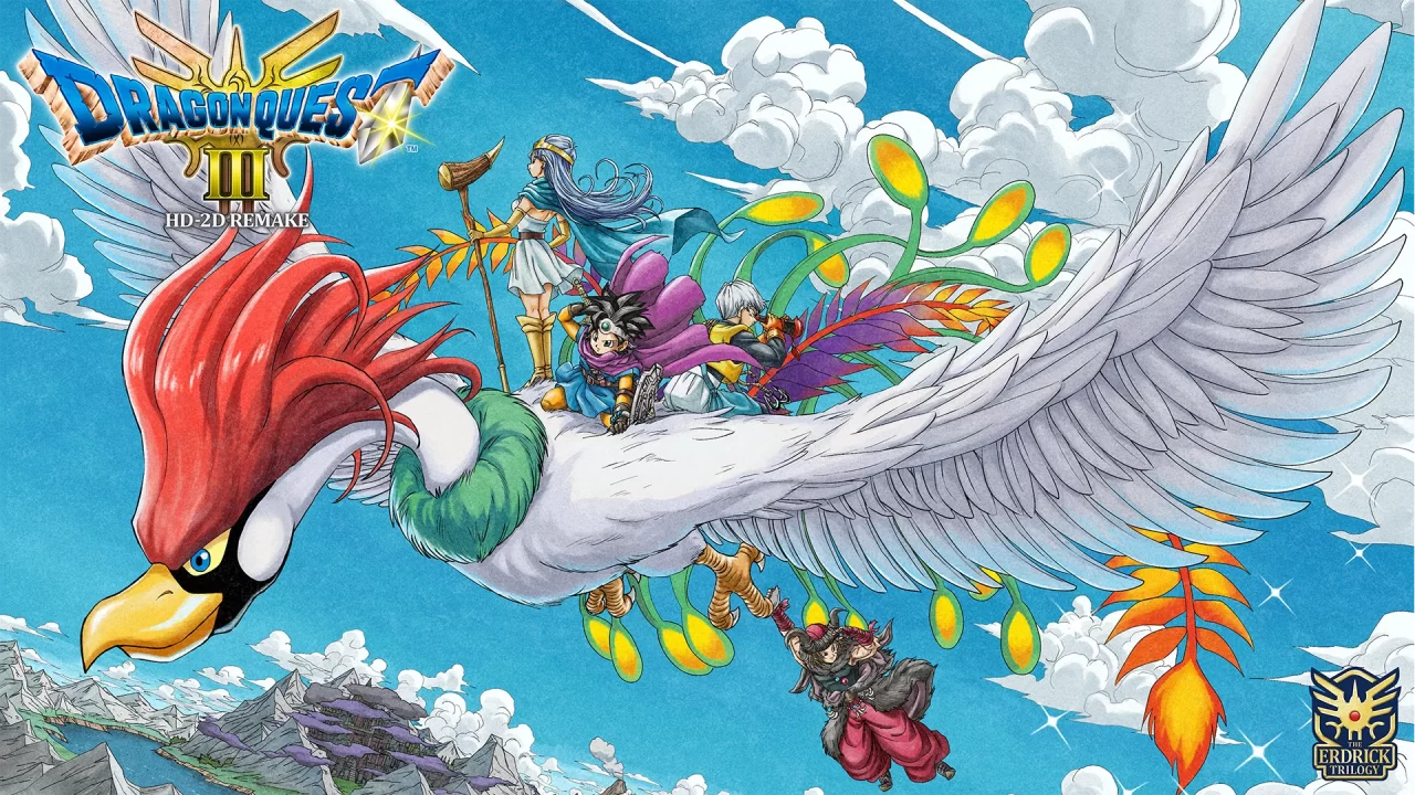 Dragon Quest III HD-2D Remake Artwork of three party members on the back of a massive bird, and one character clutching one of the bird's talons