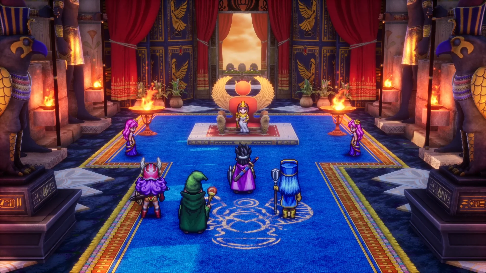 A screenshot of the party in a throne room in Dragon Quest III HD-2D Remake