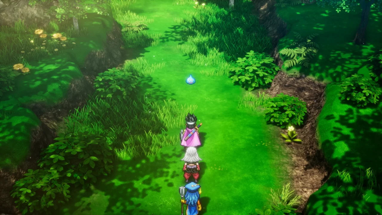 Screenshot of Dragon Quest III HD-2D Remake, one of the RPGs Coming This Week featuring the party approaching a slime.