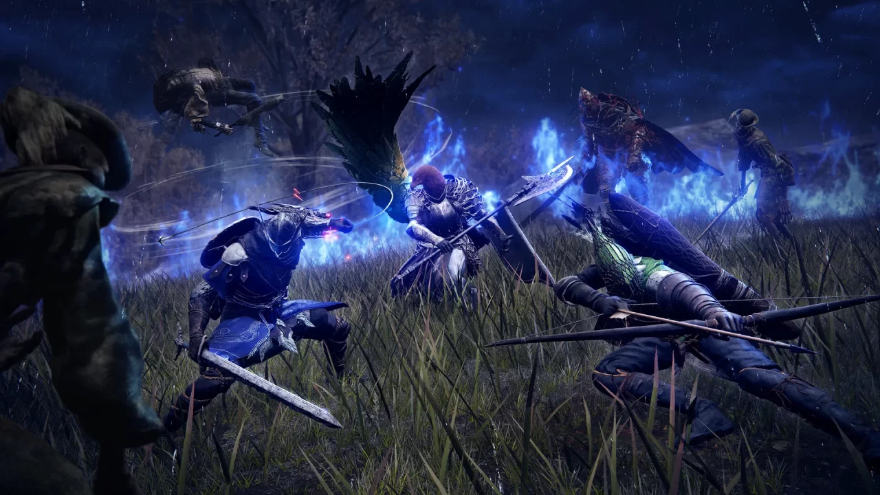 Elden Ring Nightreign Screenshot of a knight and archer fighting with purple lighting around them