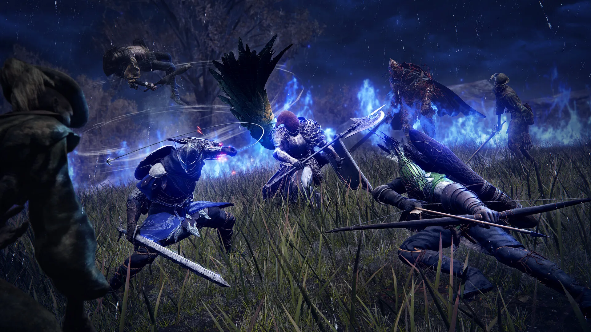 Elden Ring Nightreign Screenshot of a knight fighting a purple beast at night