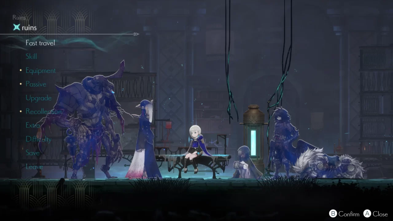 A screenshot of ENDER MAGNOLIA: Bloom in the Mist depicting protagonist Lilac sitting on a laboratory bed, surrounded by four robed figures. Each of the robed figures is of different size and shape.