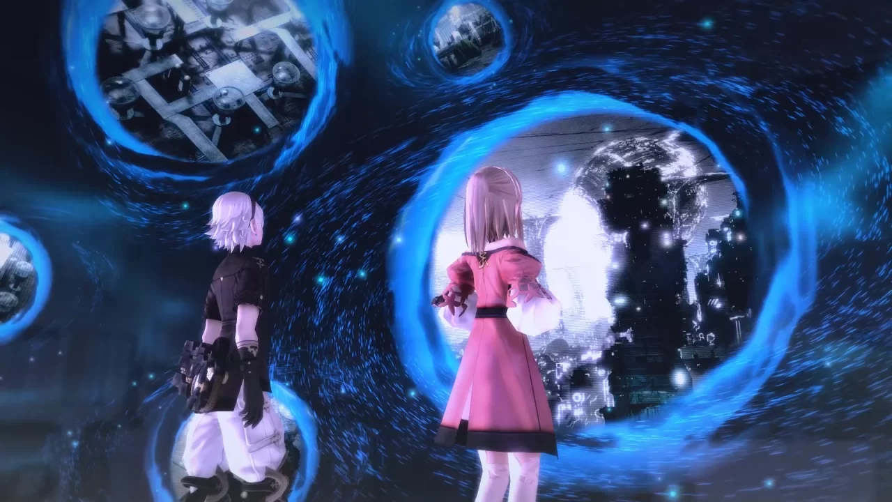 Leo and Kina look through several portals in a strange blue-tinted dimension.