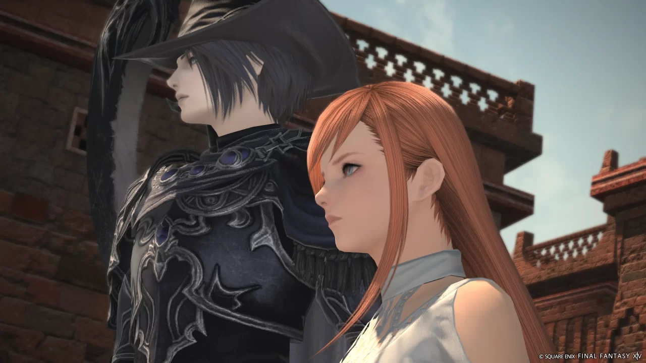 Final Fantasy XIV Endwalker - Zero and Ryne looking at something offscreen to the left in Amh Araeng on the First.