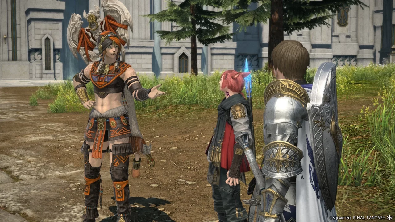 Final Fantasy XIV Endwalker screenshot of Wuk Lamat, a female Hrothgar standing to the left, talking to G’raha Tia and the Warrior of Light, standing to the right.