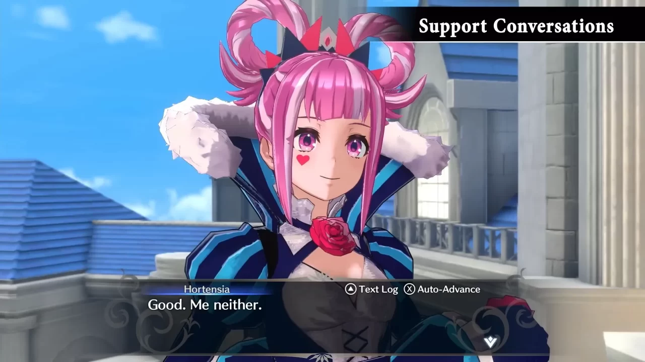 Upper body shot of Hortensia from Fire Emblem Engage. She is wearing a blue stripy top with a very high collar and has striped pastel and shocking pink hair, tied in a bow style.