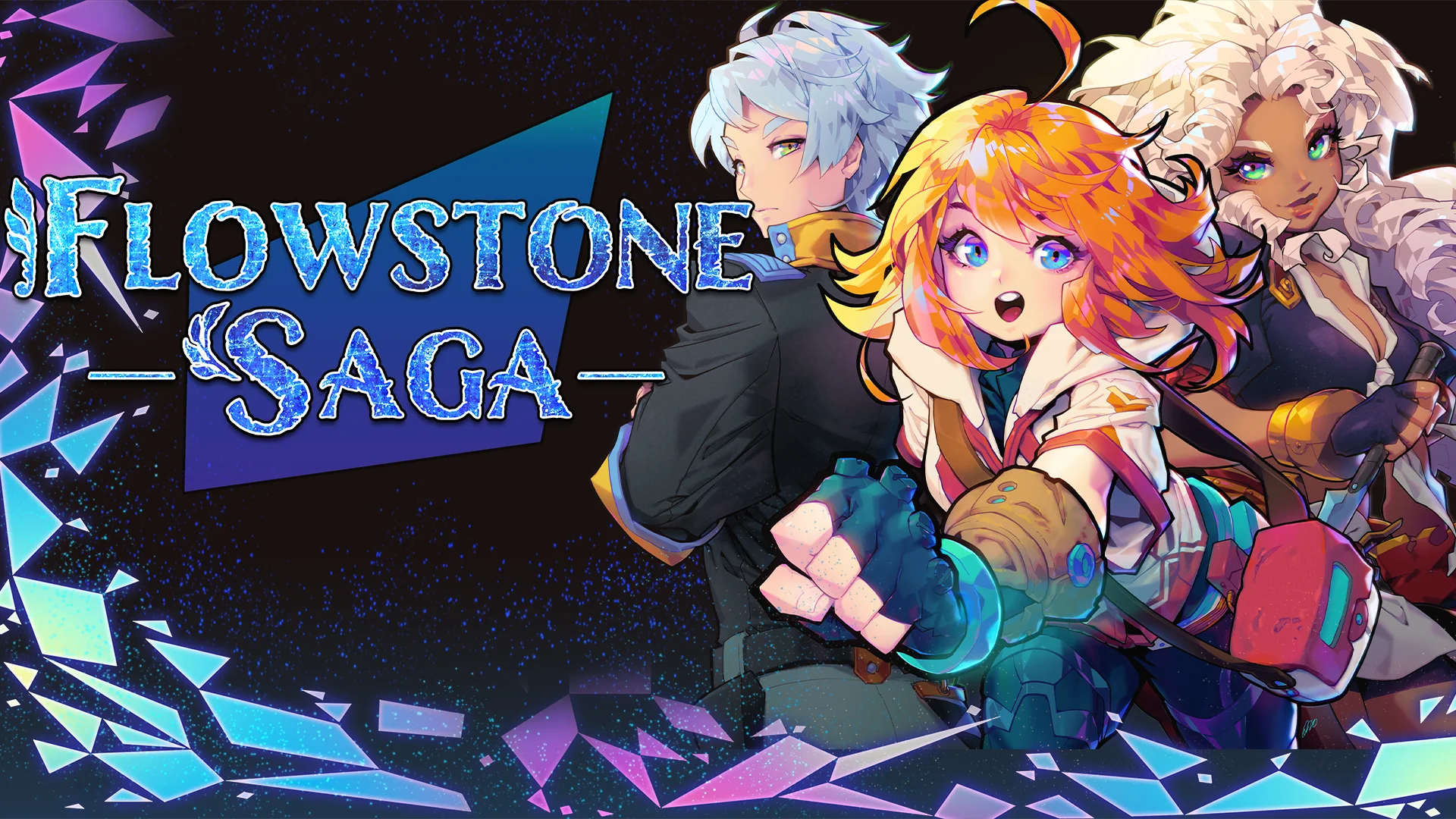 Flowstone Saga logo with trio of characters in a gemstone-like frame