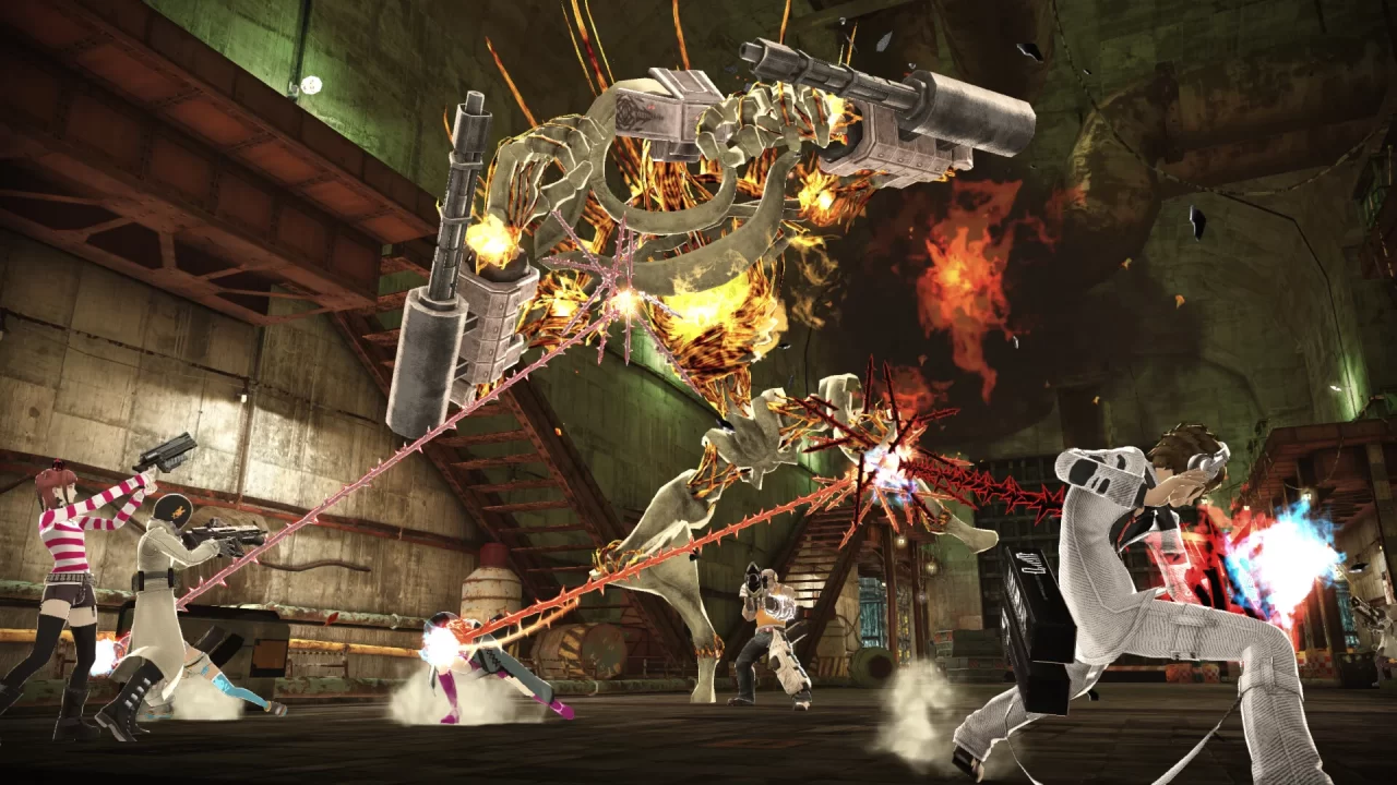 A screenshot of people fighting a giant mech in Freedom Wars Remastered