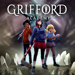 Grifford Academy art of three teens, wielding a katana, hockey stick, and book, respectively