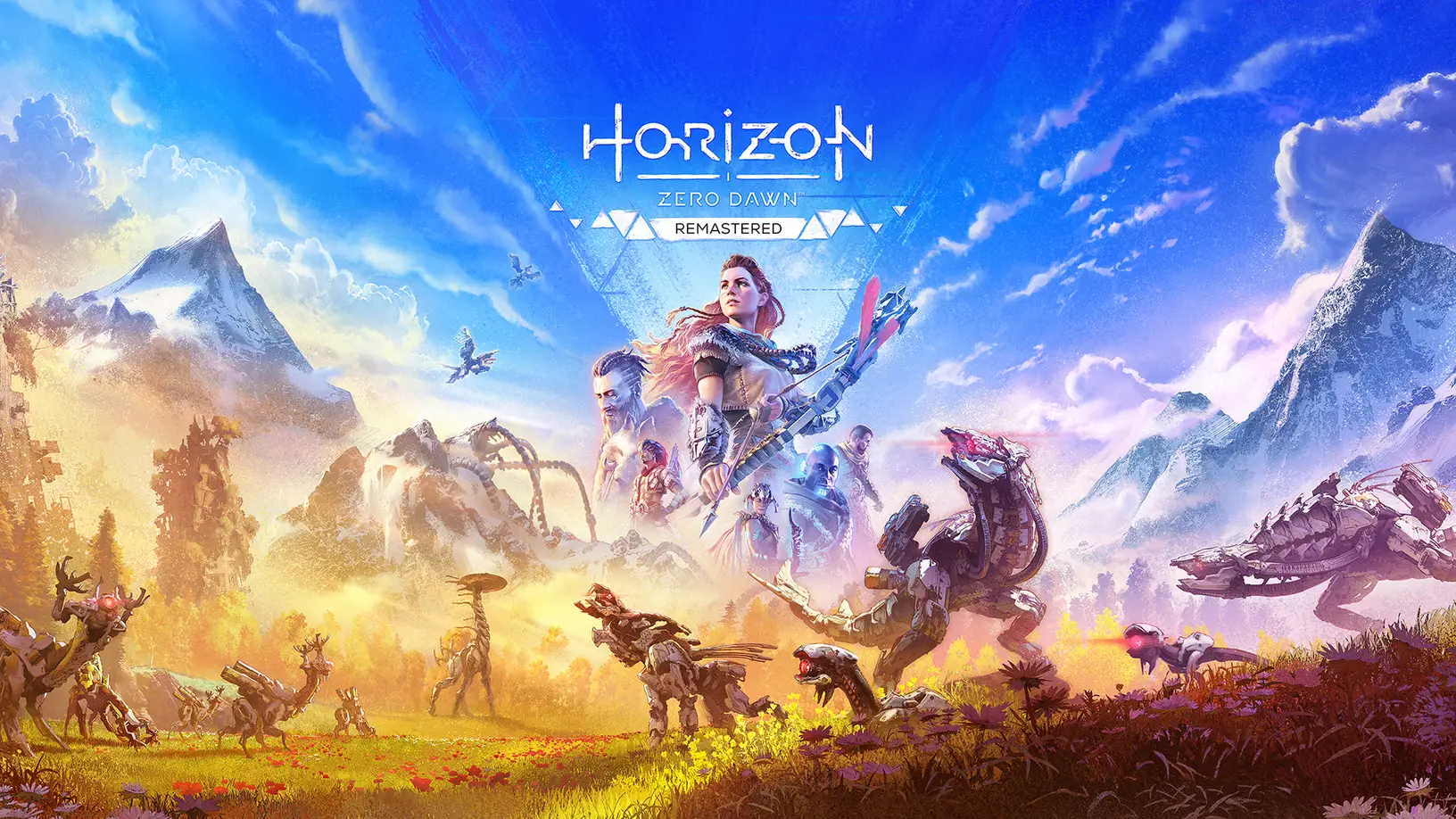 Horizon Zero Dawn Remastered art of Aloy and her allies in the background with mechanical beasts roaming the foreground wilds