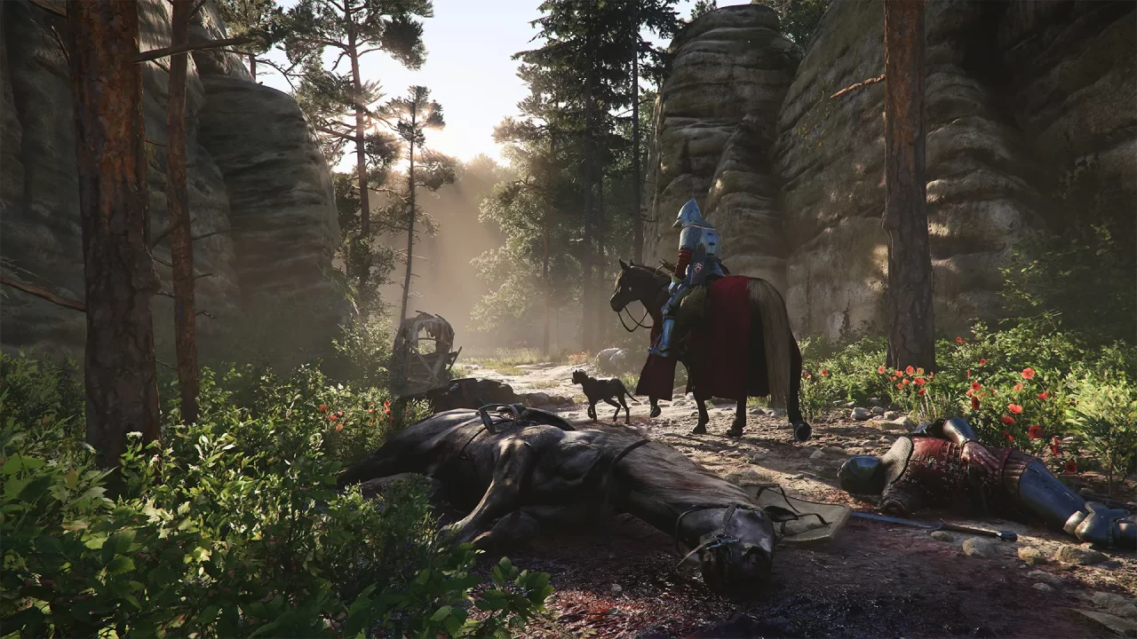 A knight on a horse walking amongst trees and a dead horse and rider in Kingdom Come: Deliverance II Screenshot