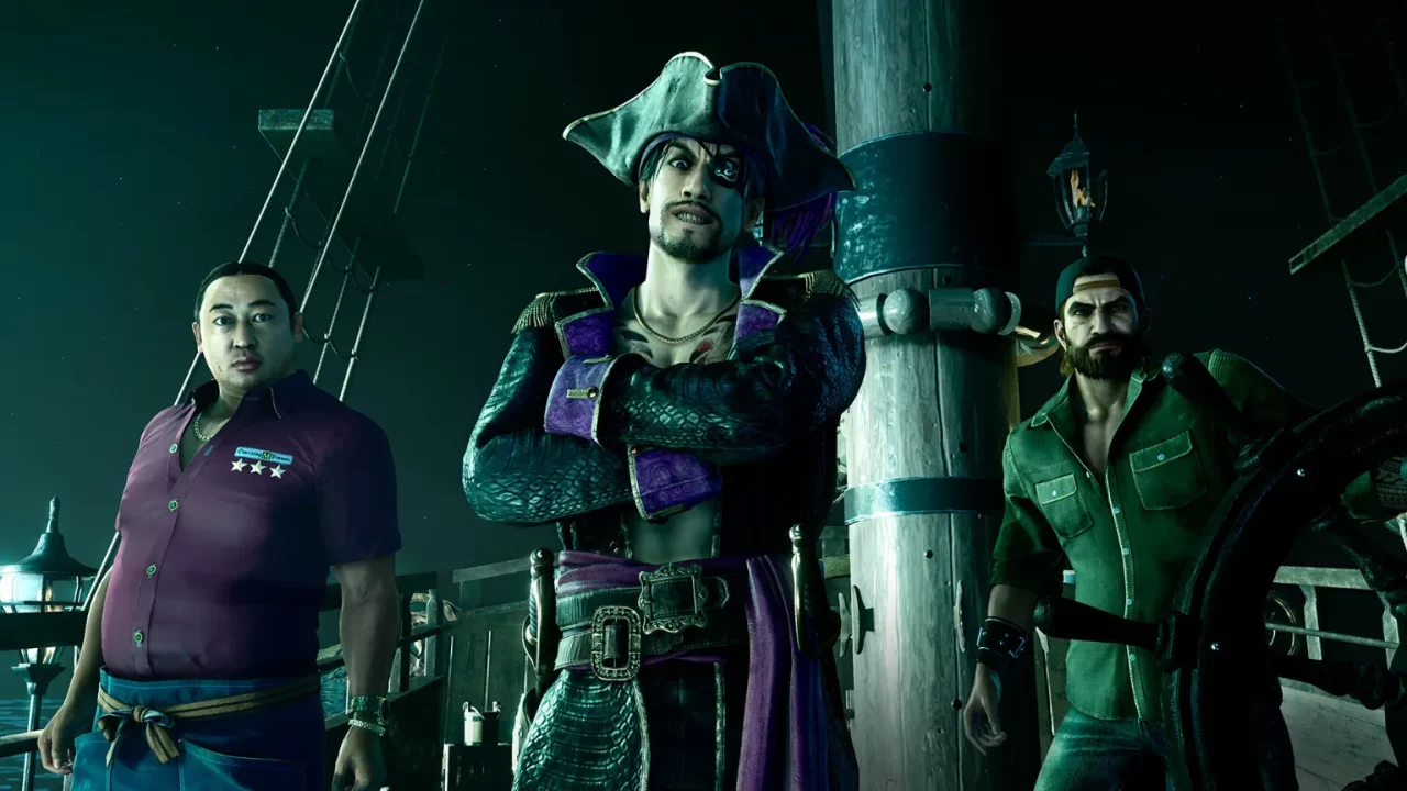 A screenshot of Majima and his crewmates on a boat in Like a Dragon Pirate Yakuza in Hawaii