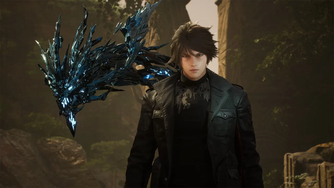 Lost Soul Aside screenshot of a serious short-haired protagonist in a leather jacket with a crystalline dragon companion over one shoulder