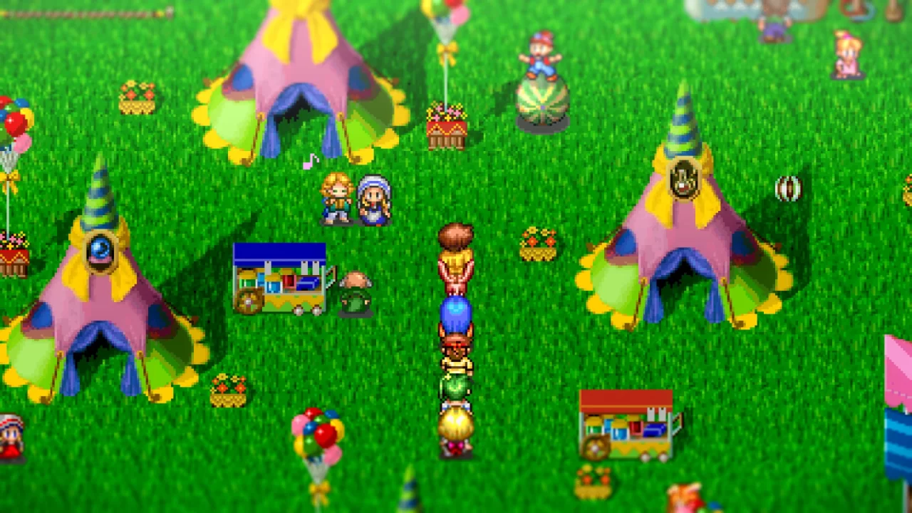 A screenshot of Hiro and his party walking through a field in Lunar 2 in Lunar Remastered Collection