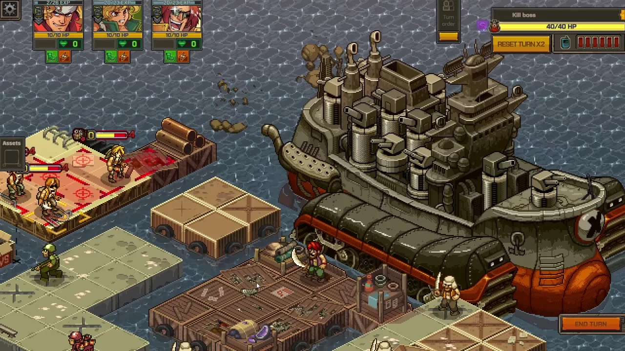 A boss battle with a boat in Metal Slug Tactics, one of the RPGs coming this week