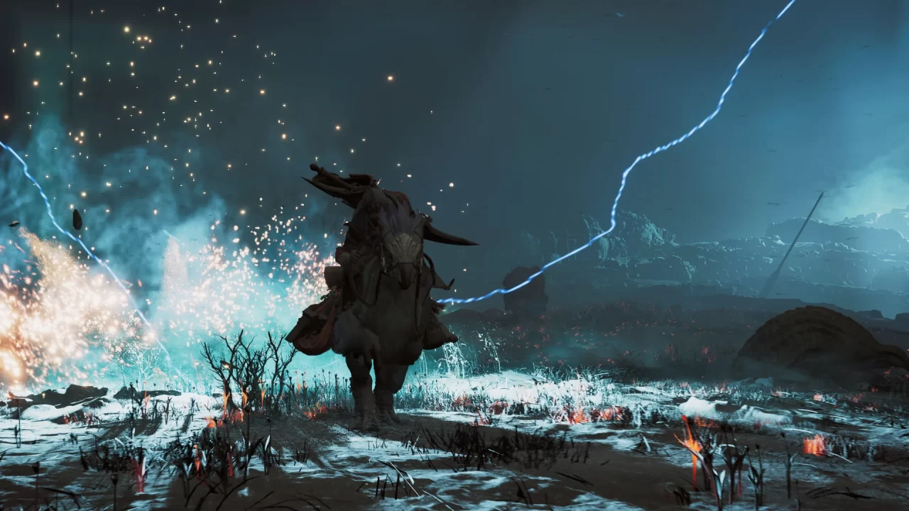 A screenshot of a bolt of lightning coming down in Monster Hunter Wilds