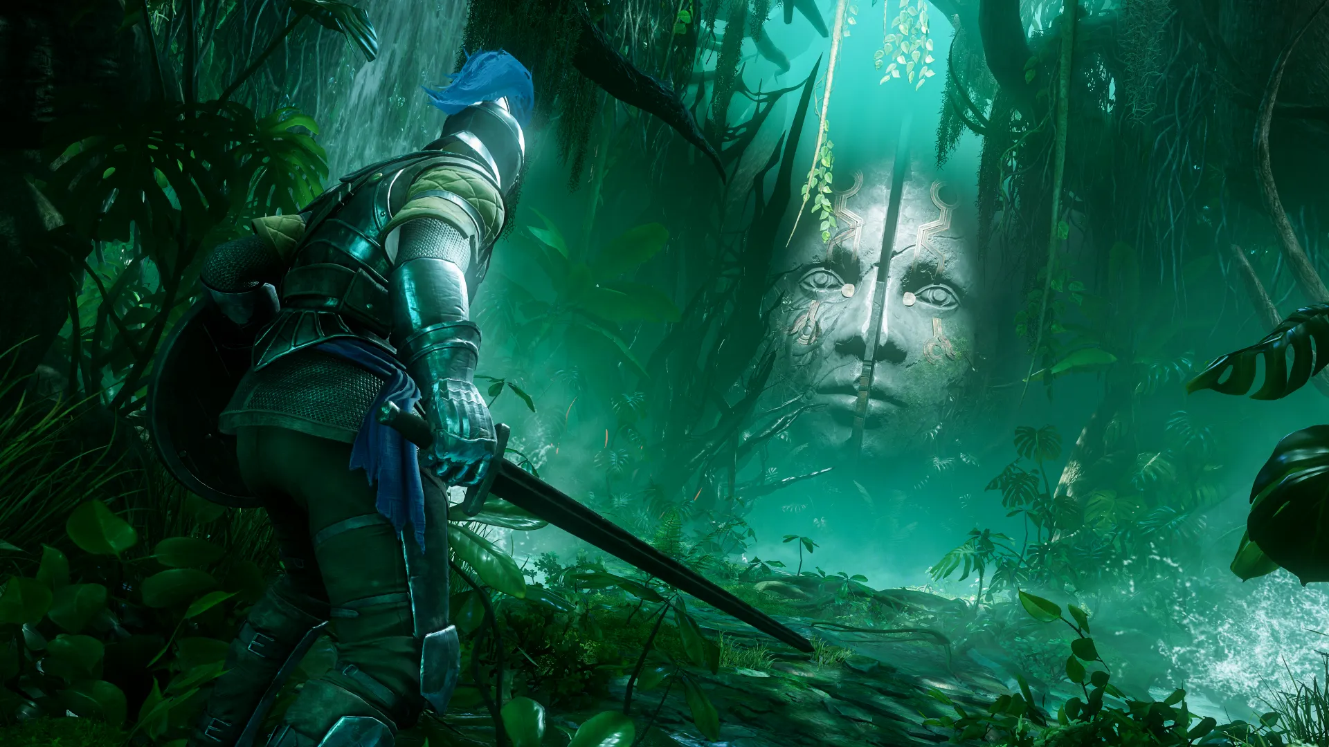 Screenshot of New World: Aeternum, one of the RPGs Coming This Week. It's a knight encountering a mysterious large stone face in a jungle.