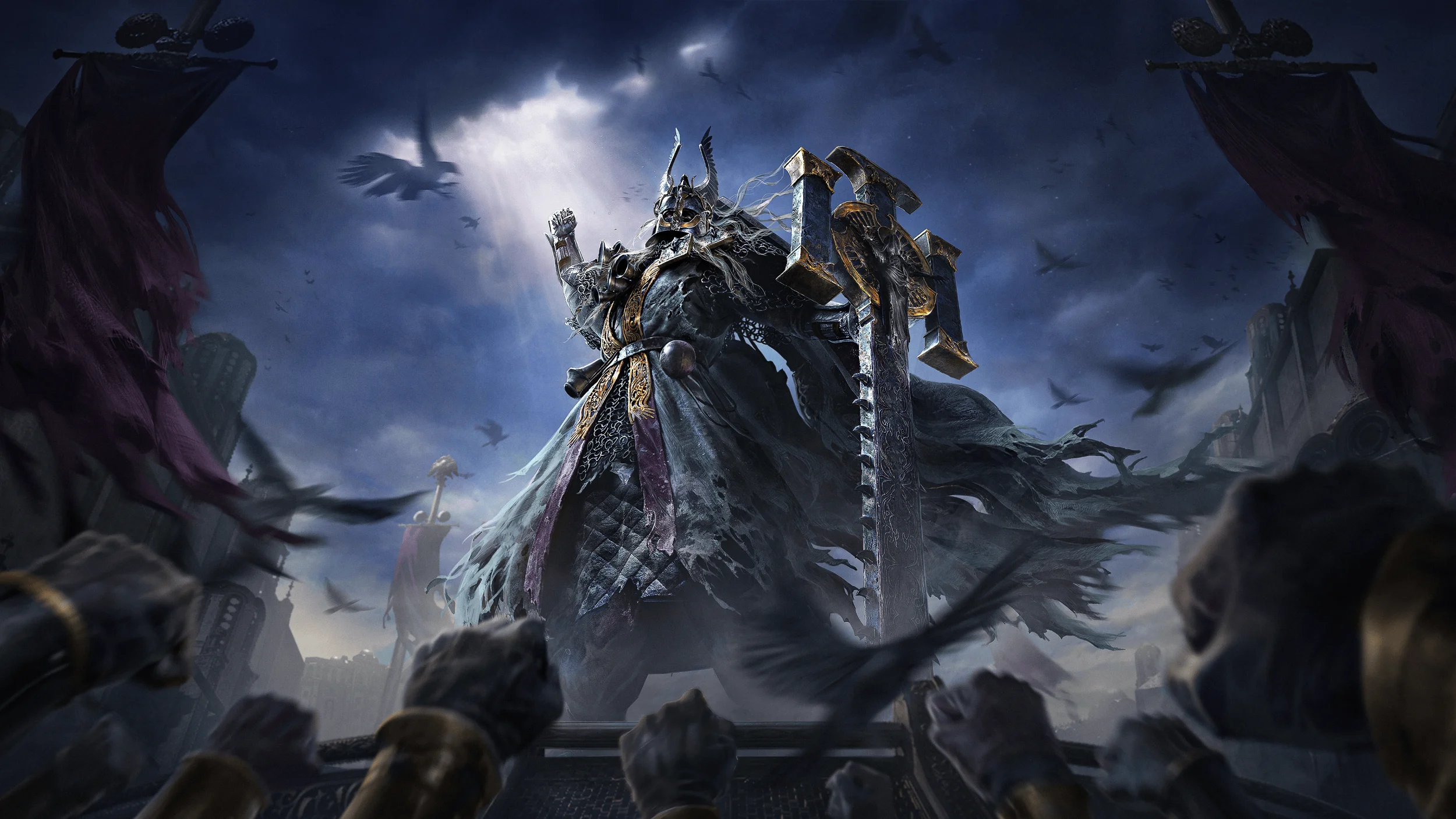 Path of Exile 2 Art of an imposing armored figure with a cross-shaped sword, rallying an army of supporters under a cloudy sky