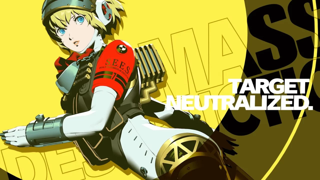 A stylish splash screen for the new protagonist, Aigis.