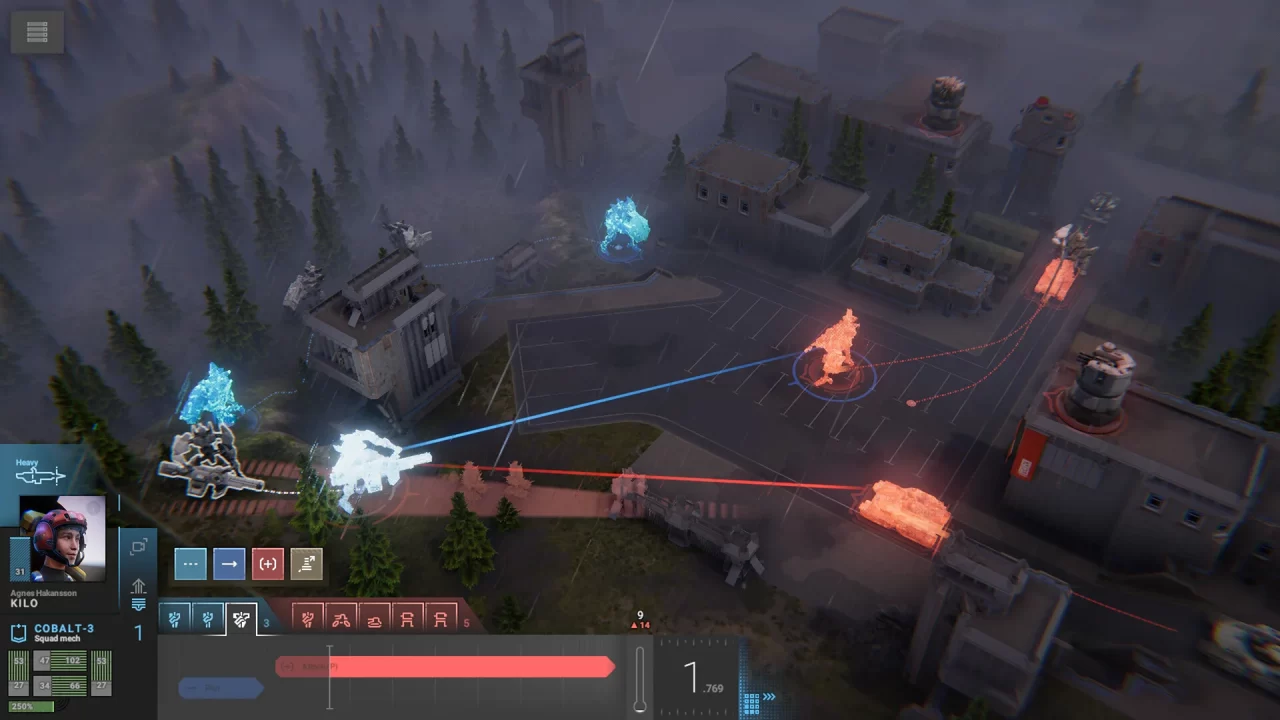 Battle takes place with lines showing targeting--a pilot shooting down at two enemies from the high ground--in Phantom Brigade.