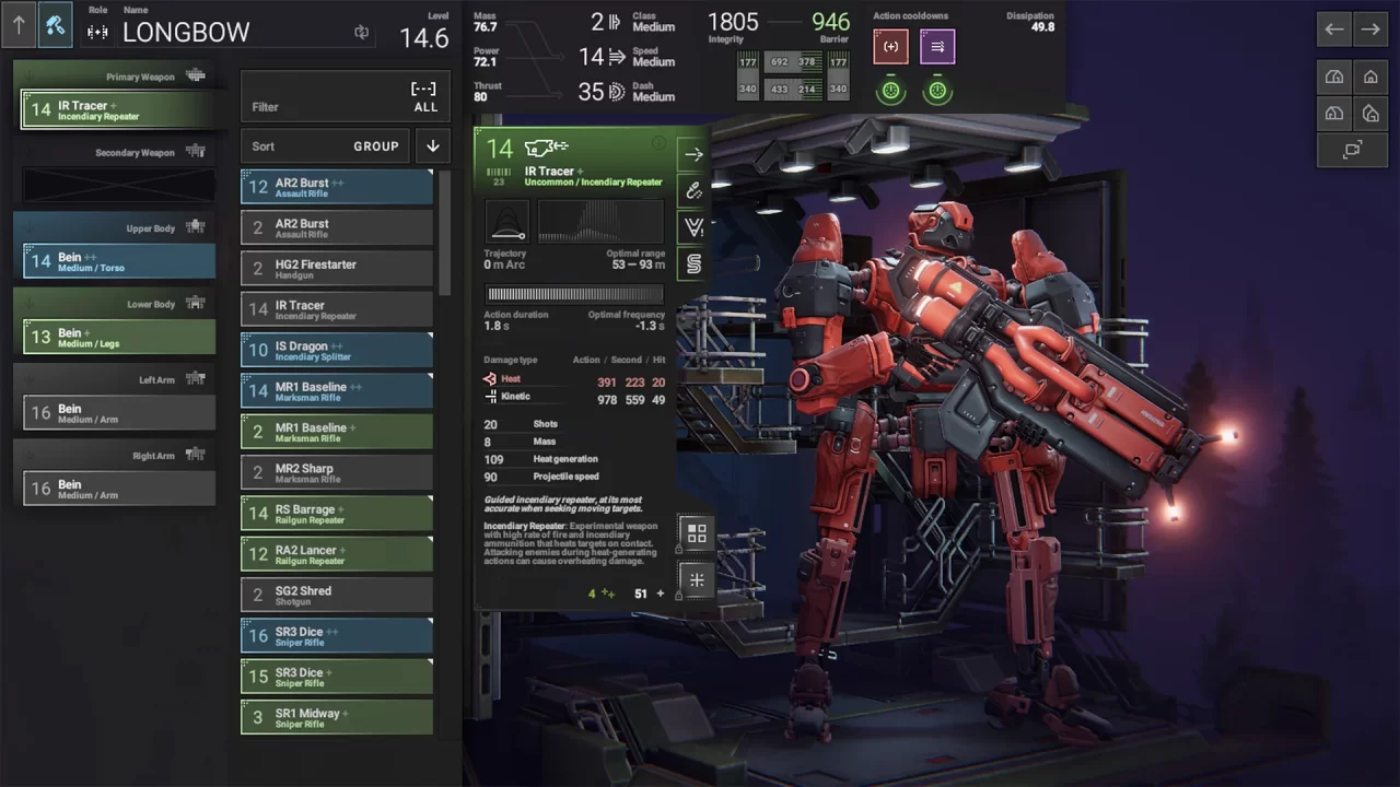 A stats screen shows a loadout in Phantom Brigade.