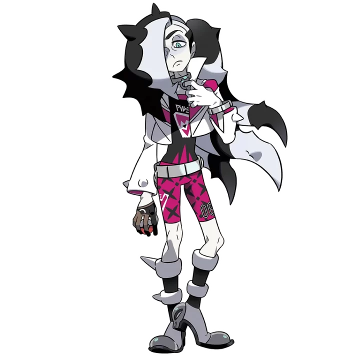 Piers from Pokemon Sword and Shield wears a pink, black and white outfit made up of shorts, a jacket and knee-length boots. His hair looks very strange - is black and white striped and has tendrils that look like a sea creature. 