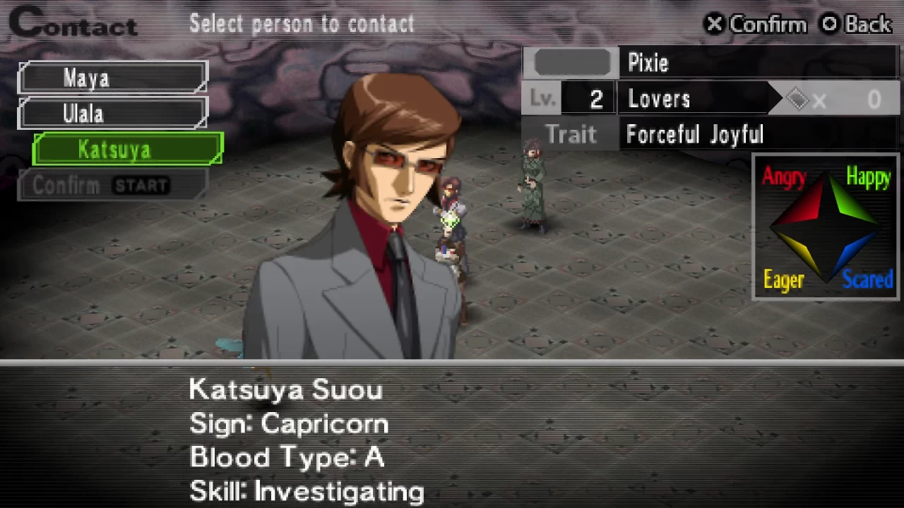 Katsuya gets ready to initiate contact with a demon in Shin Megami Tensei: Persona 2: Eternal Punishment (PSP).