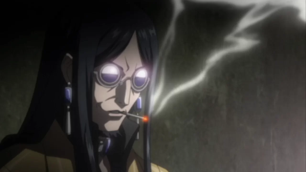 Baofu smoking while his glasses shine in Shin Megami Tensei: Persona 2: Eternal Punishment (PSP).