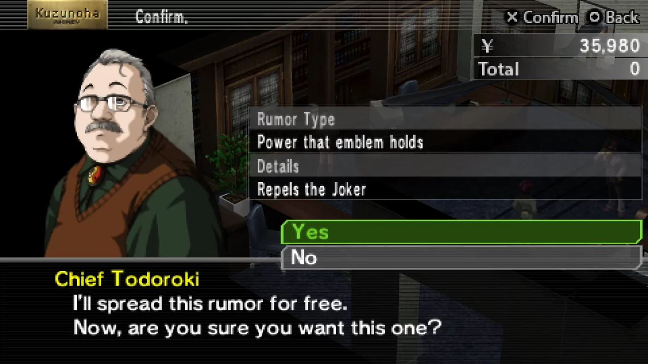 Chief Todoroki prepares to spread a rumor in Shin Megami Tensei: Persona 2: Eternal Punishment (PSP).