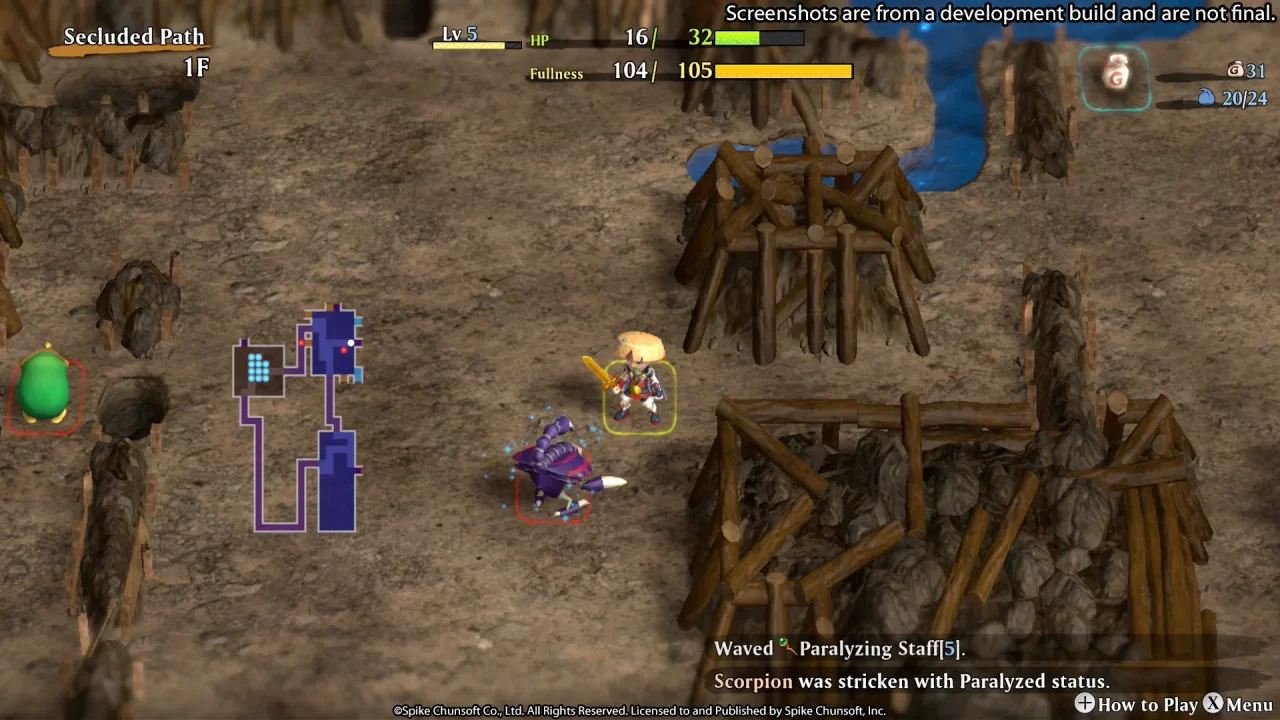 Shiren the Wanderer uses a paralyzing staff against a scorpion enemy.