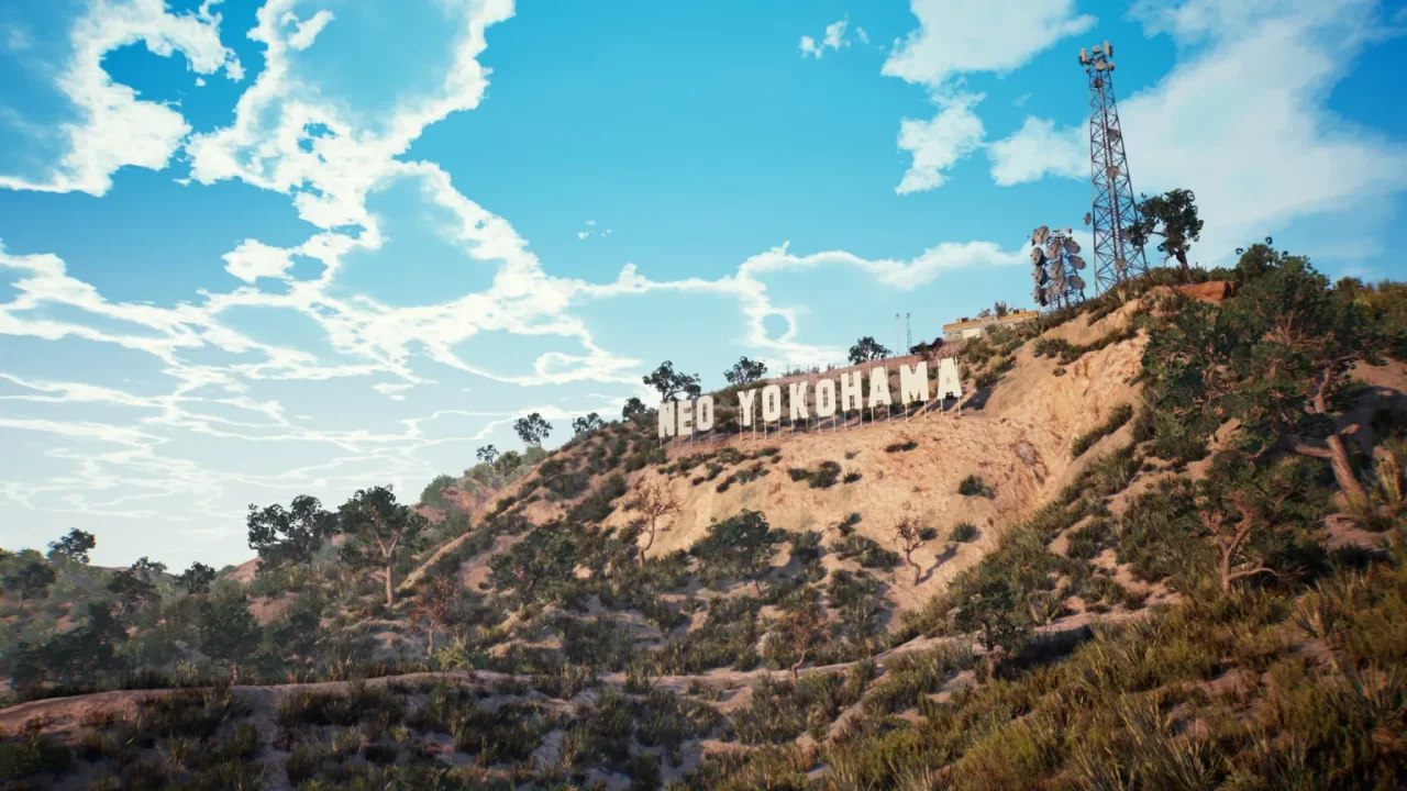 A screenshot from Showa American Story of a sign similar to the Hollywood sign but instead it reads Neo Yokohama