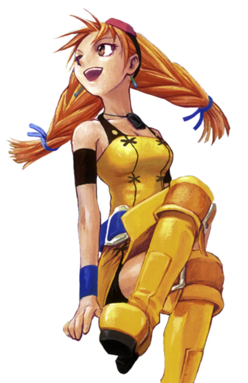 Aika from Skies of Arcadia is wearing a yellow dress and high boots. She's looking up to the sky and showing her ginger plaited pigtales, which stick straight out from either side of her head. 