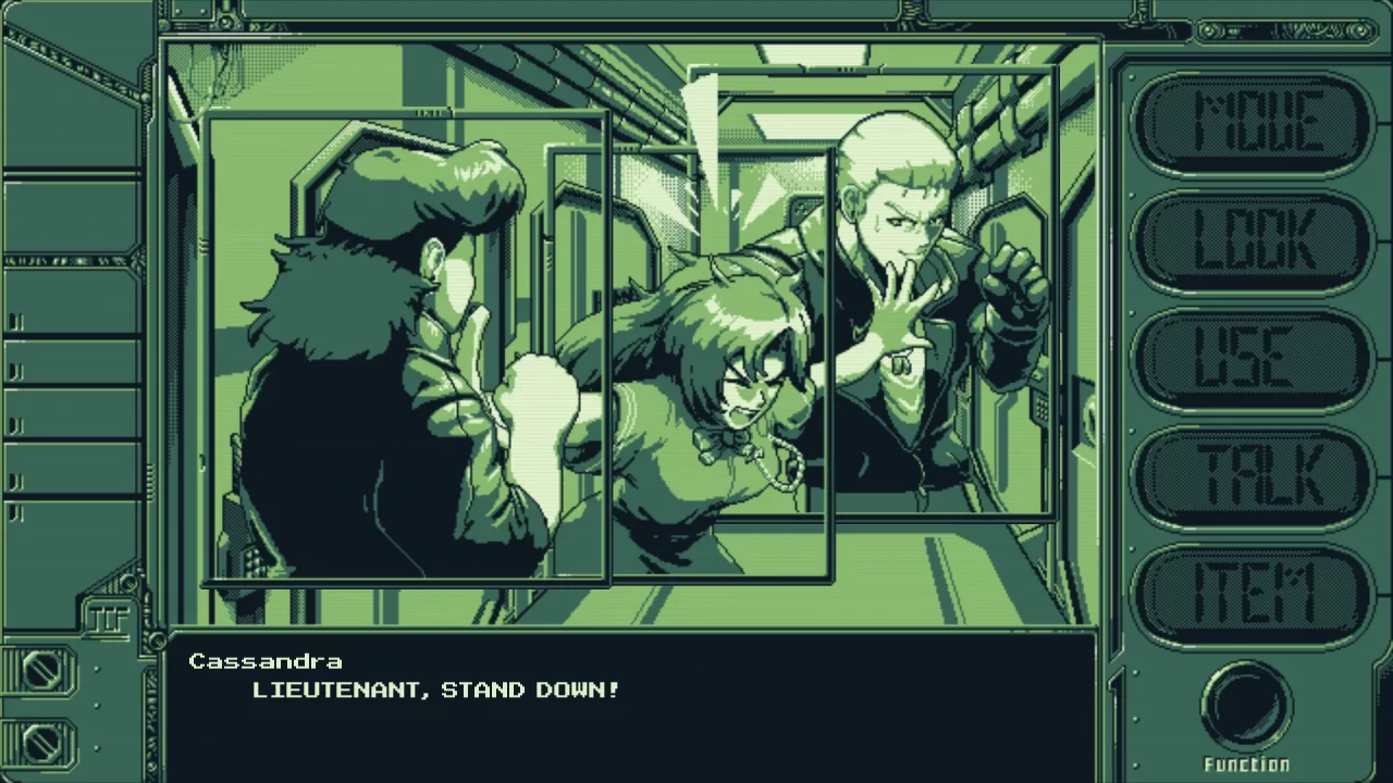 A screenshot of a woman pushing away two men in a hallway in Stories from Sol The Gun-Dog