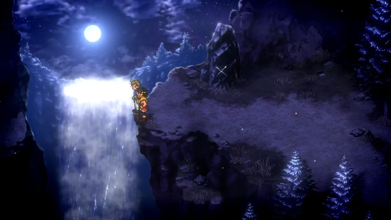 A screenshot of Riou and Jowy standing over a cliff in the moonlight in Suikoden I and II HD Remaster