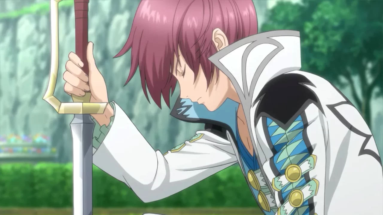 Tales of Graces f Remastered Screenshot of a purple-haired swordsman kneeling with his hand on the hilt of his sword.