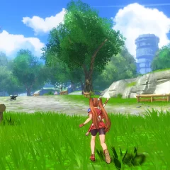 A screenshot of Estelle walking through a field in The Legend of Heroes Trails in the Sky the 1st