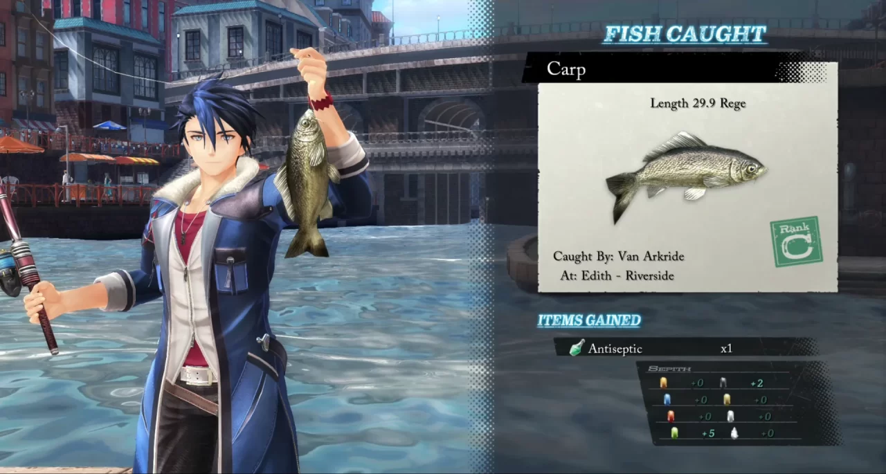 Van taking a moment to fish in The Legend of Heroes: Trails through Daybreak II.