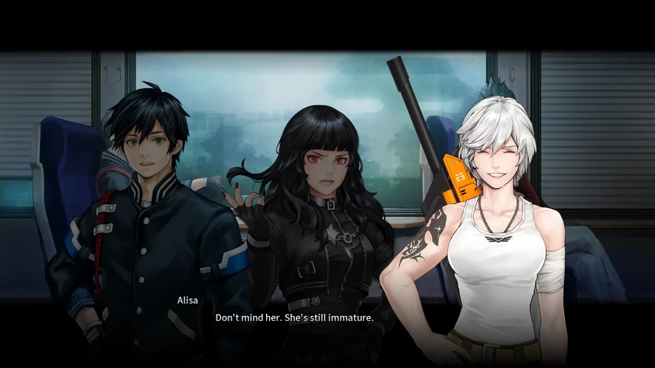 Three character portraits appear during a cutscene. Two of the characters are dressed in military officer uniforms, while a third wears a more casual outfit. One character, Alisa, says, "Don't mind her. She's still immature."