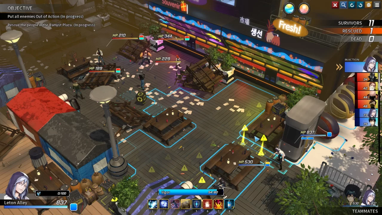 A skirmish in an urban, plaza-like area with tables and tree. The game's UI is overlaid atop the environment and displays such information as character turn order, HP gauges, and more.