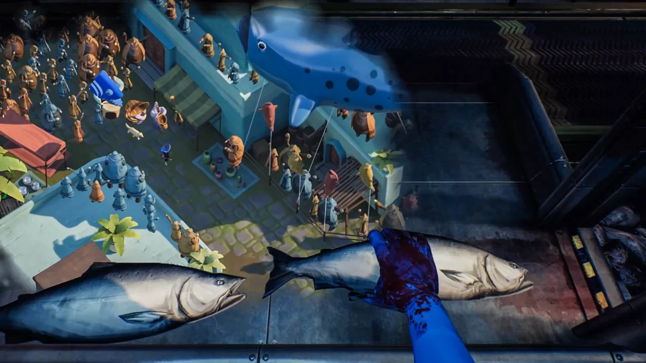 A gloved hand holds a fish, an inset picture shows people standing in a market square in the game What Remains of Edith Finch.