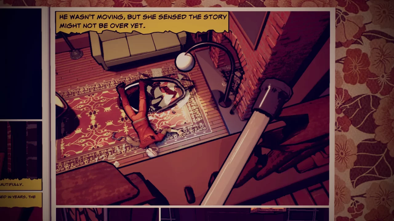 A comic book panel showing a view from above of a body lying on the floor in a dated living room in the game What Remains of Edith Finch.