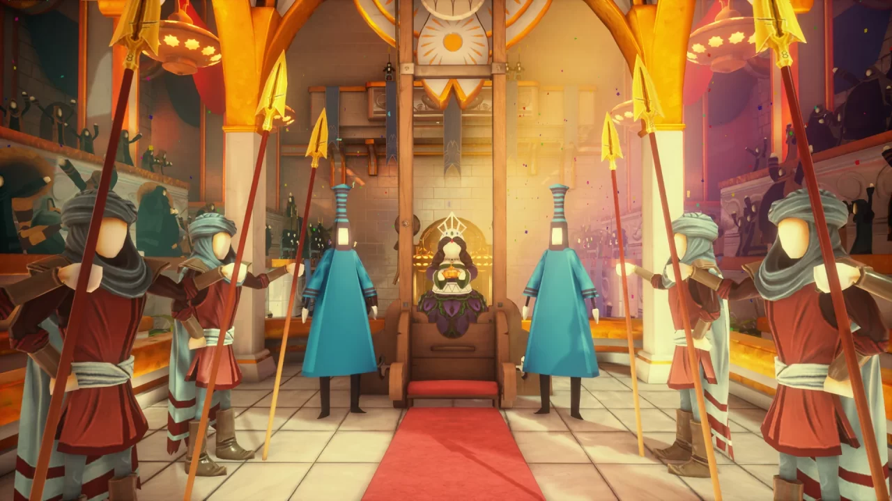  Guards stand to attention in a throne room, a queen sits on a throne, and a ceremonial red carpet is on the floor in What Remains of Edith Finch.